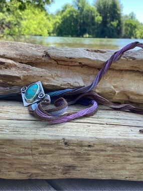 Handmade Turquoise Pendant ,Wrap Bracelet or anklet with Purple Silk Cord